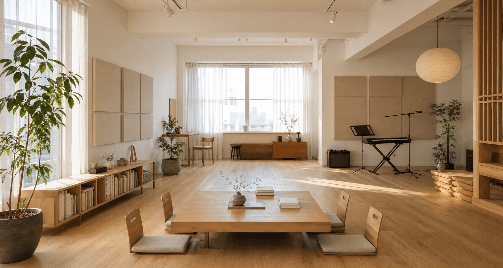 Warm minimal creative studio interior with wood textures and music equipment